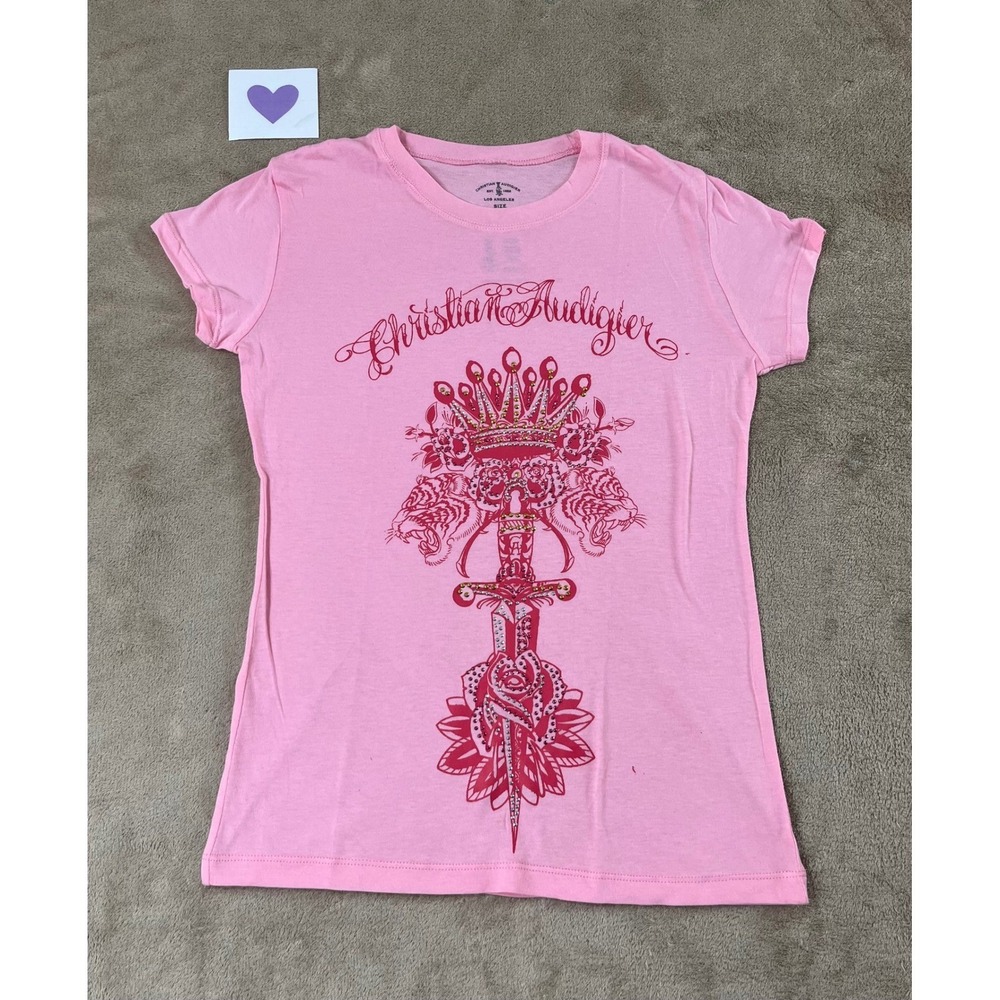 Christian Audigier Graphic‎ T-Shirt Women's M Pink Rhinestone Skull Crown EUC